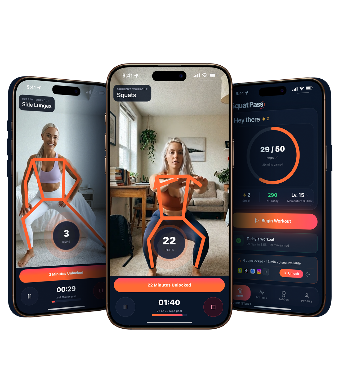 SquatPass app screenshots showing workout tracking, daily goals, and achievements