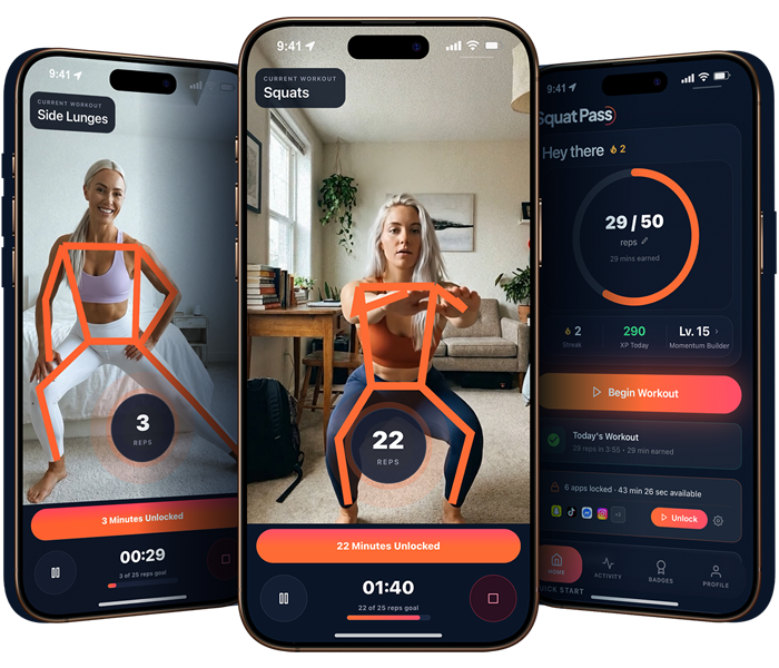 SquatPass app screenshots showing workout tracking, daily goals, and achievements